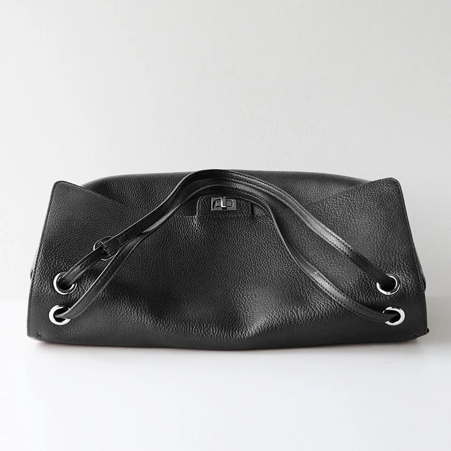 Elegant Black Full Grain Cow Leather Turn Lock Flap Shoulder Tote Bag