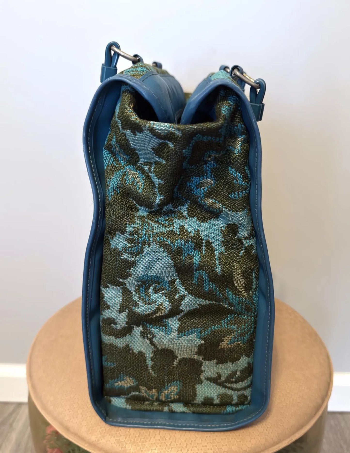 Vintage Blue Floral Tapestry Leather Trim Tote Bag