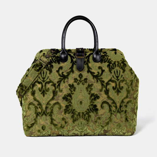 Olive Damask Tapestry Vintage Carpet Bag