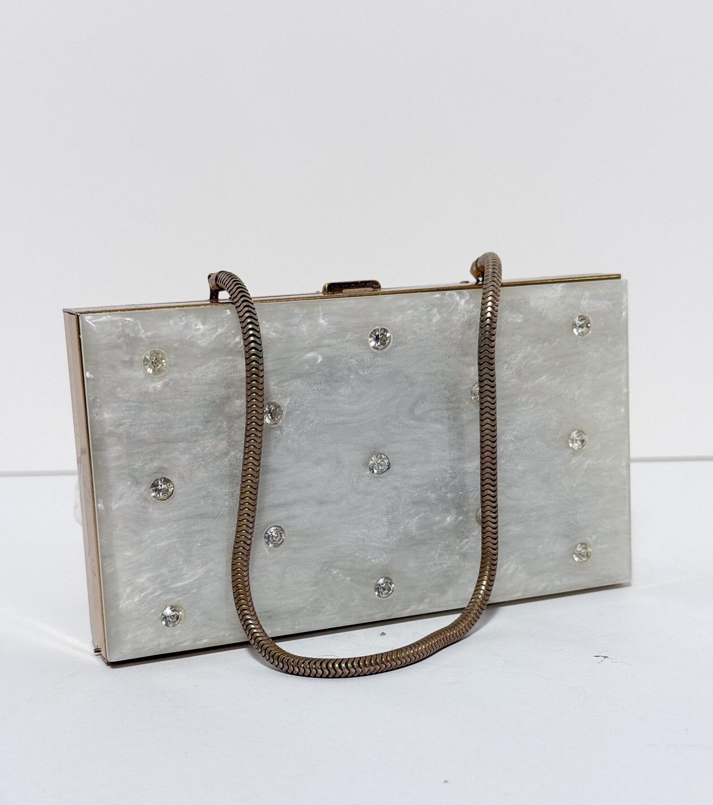 Pearlescent Crystal Hard Shell Minaudière Clutch