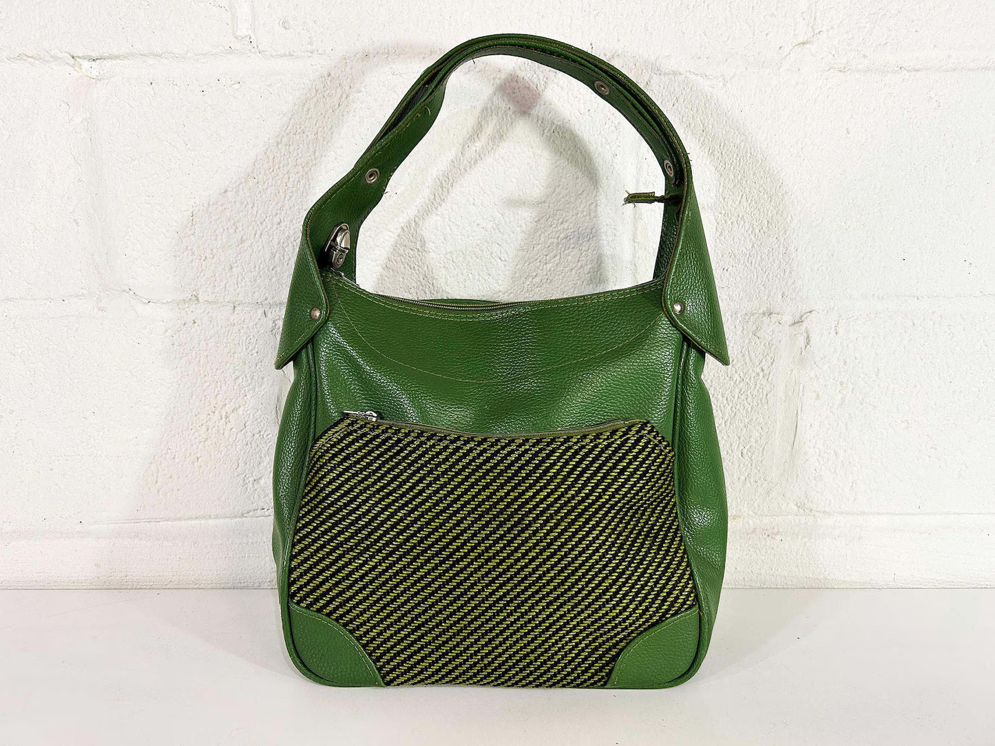 Vintage Green Leather Tweed Adjustable Hobo Shoulder Bag
