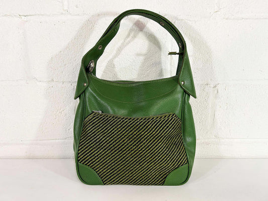Vintage Green Leather Tweed Adjustable Hobo Shoulder Bag