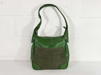 Vintage Green Leather Tweed Adjustable Hobo Shoulder Bag