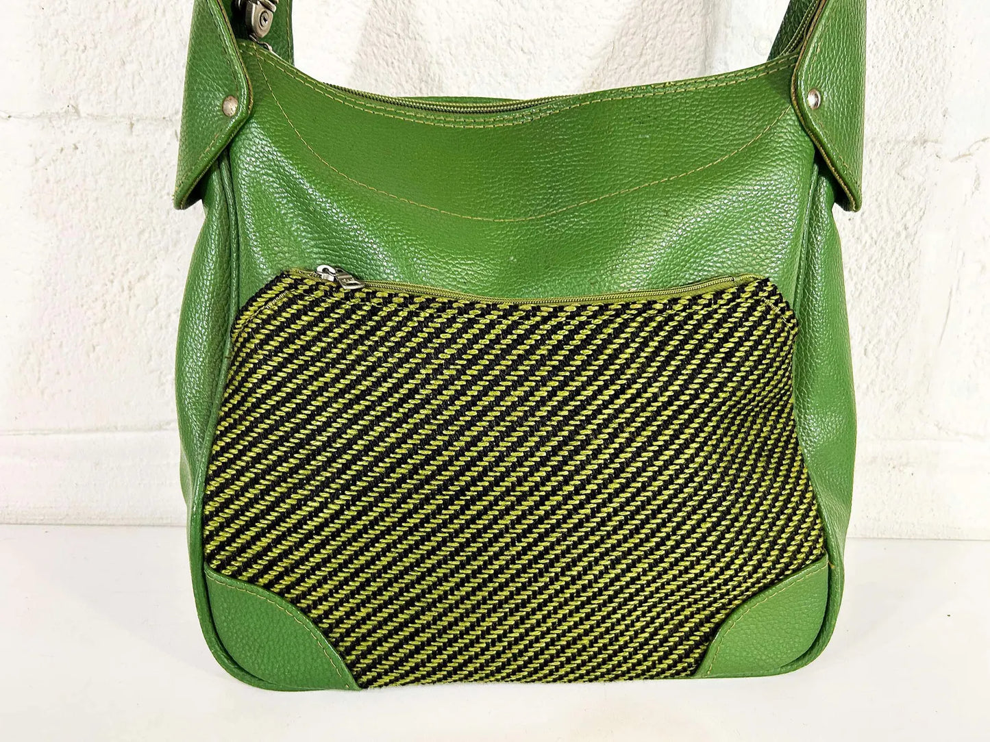 Vintage Green Leather Tweed Adjustable Hobo Shoulder Bag