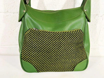 Vintage Green Leather Tweed Adjustable Hobo Shoulder Bag