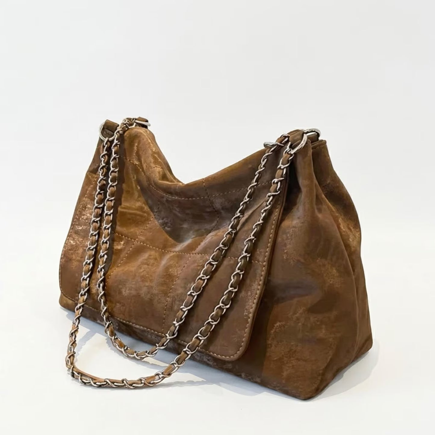 Vintage Distressed Brown Faux Suede Quilted Chain Shoulder Tote Bag