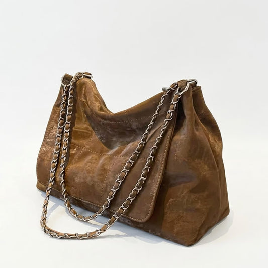 Vintage Distressed Brown Faux Suede Quilted Chain Shoulder Tote Bag