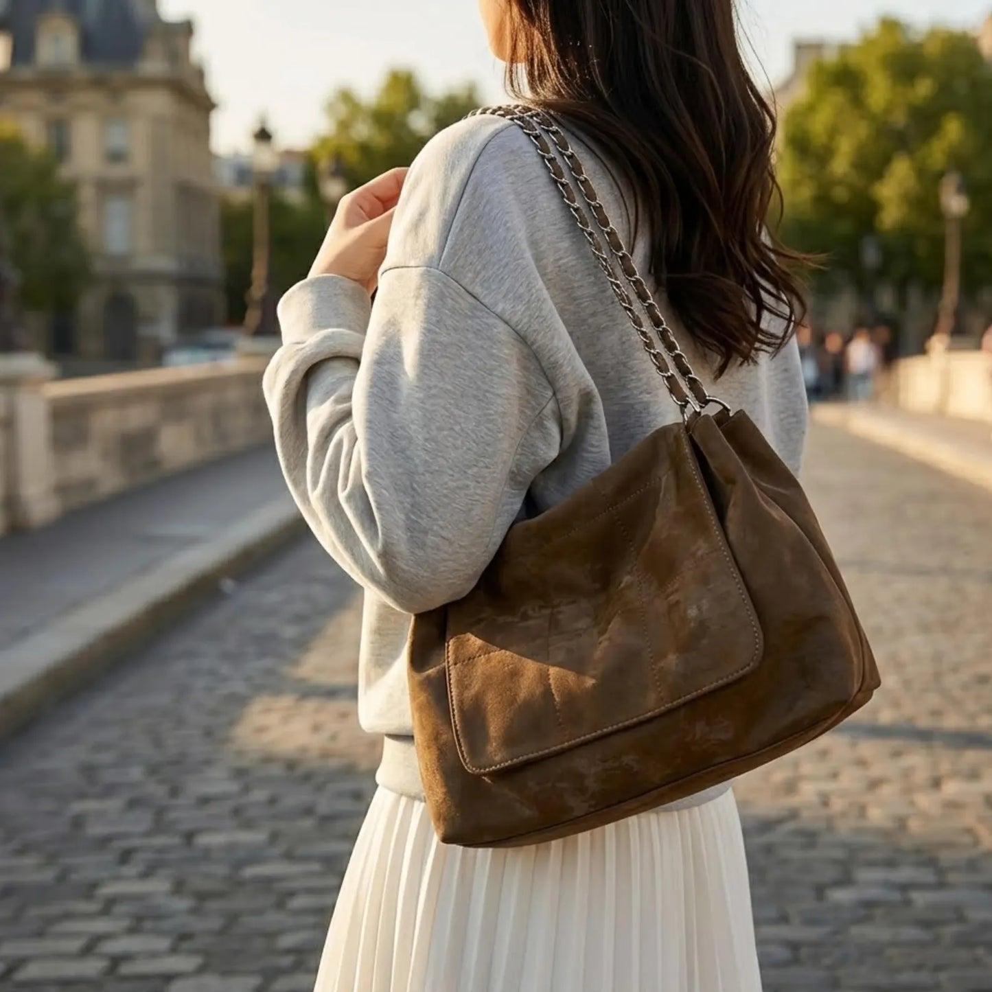 Vintage Distressed Brown Faux Suede Quilted Chain Shoulder Tote Bag