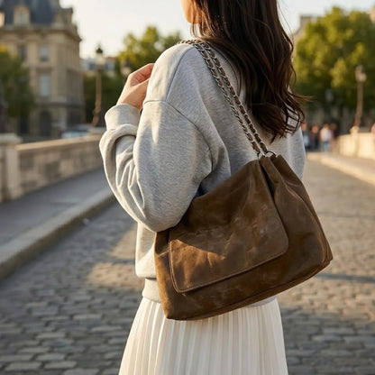 Vintage Distressed Brown Faux Suede Quilted Chain Shoulder Tote Bag