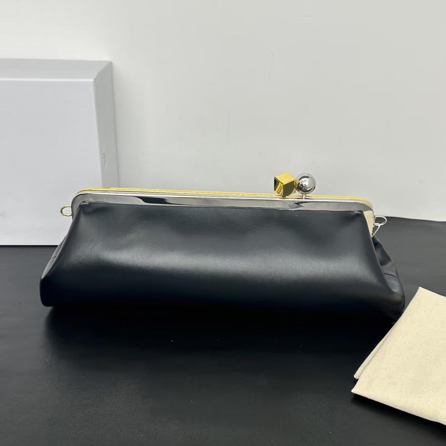 Long Black Satin Frame Evening Clutch
