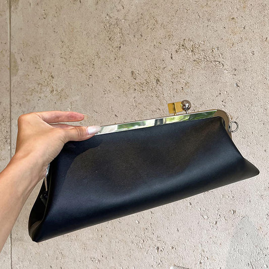 Long Black Satin Frame Evening Clutch