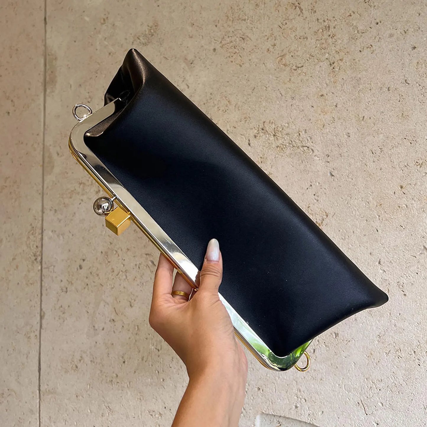 Long Black Satin Frame Evening Clutch