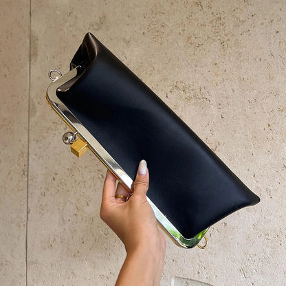 Long Black Satin Frame Evening Clutch