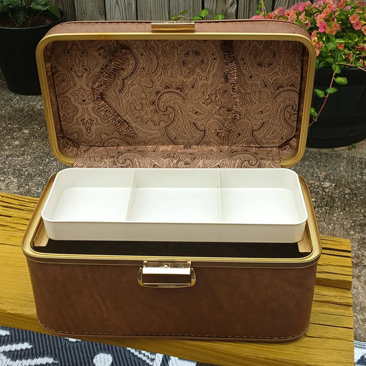 Vintage Lockable Faux Leather Cosmetic Train Case