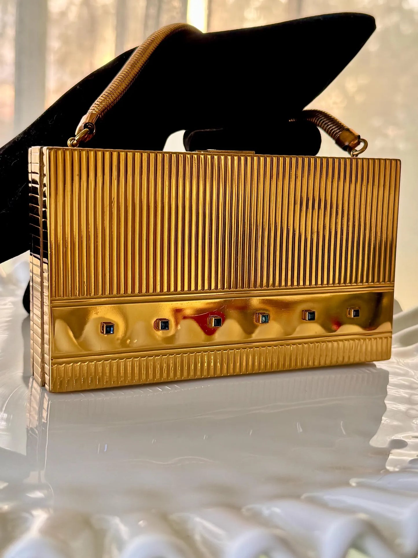 Vintage Ribbed Gold Crystal Minaudière Clutch