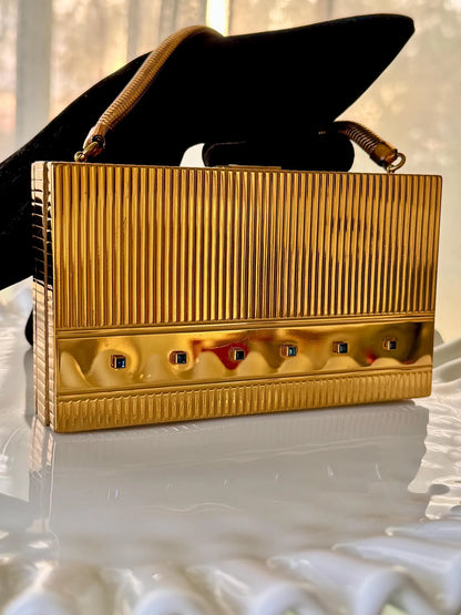 Vintage Ribbed Gold Crystal Minaudière Clutch