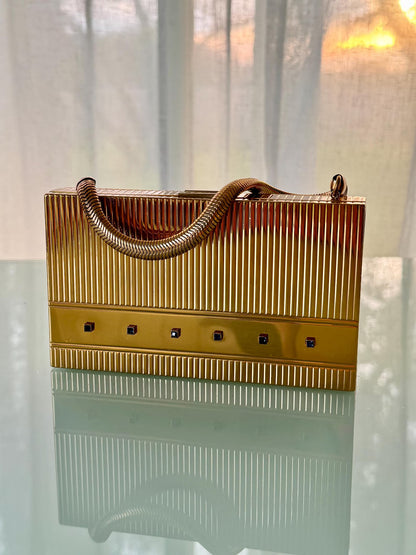 Vintage Ribbed Gold Crystal Minaudière Clutch