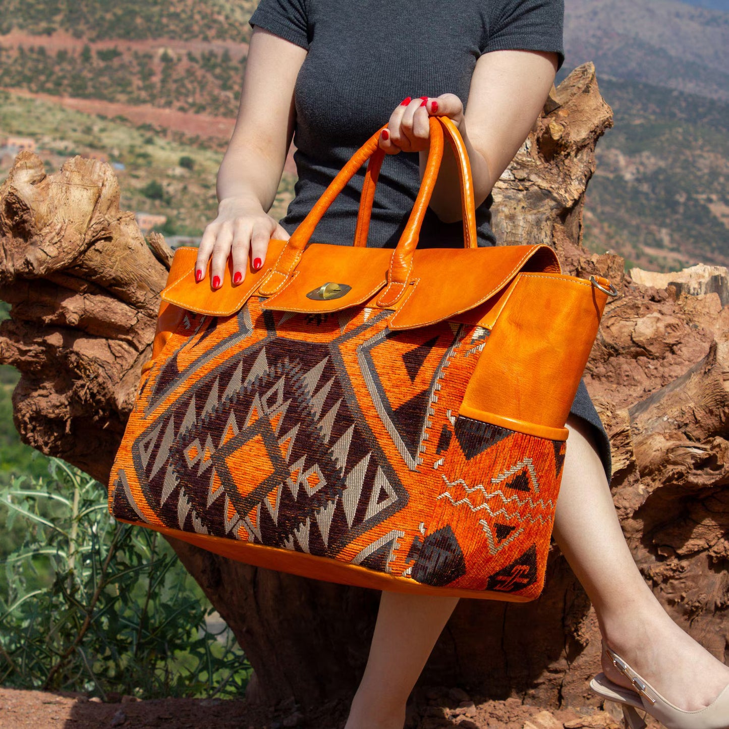 Moroccan Kilim Leather Trim Carpet Bag