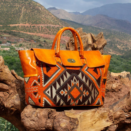 Moroccan Kilim Leather Trim Carpet Bag