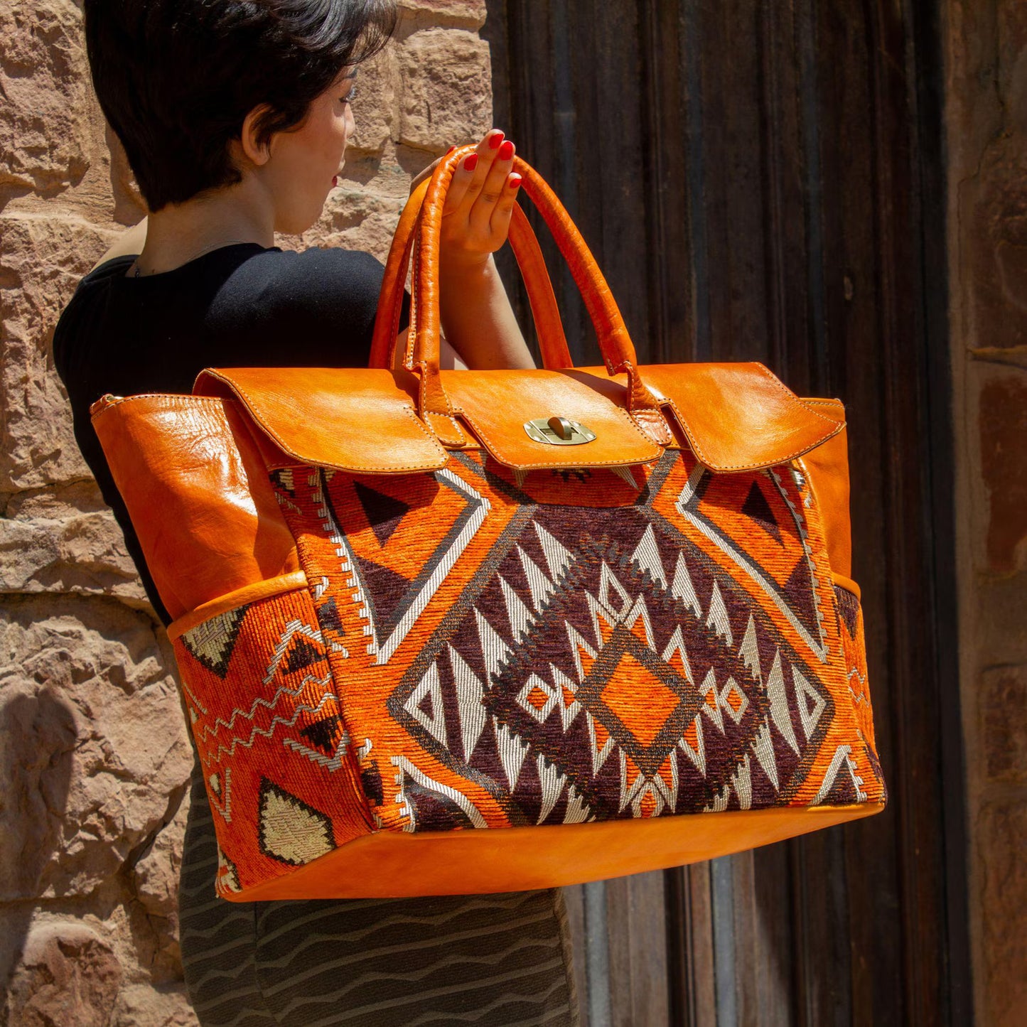 Moroccan Kilim Leather Trim Carpet Bag