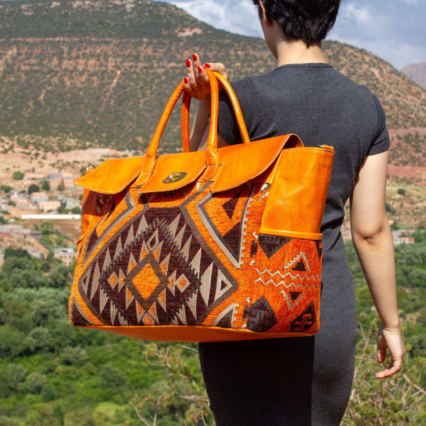 Moroccan Kilim Leather Trim Carpet Bag