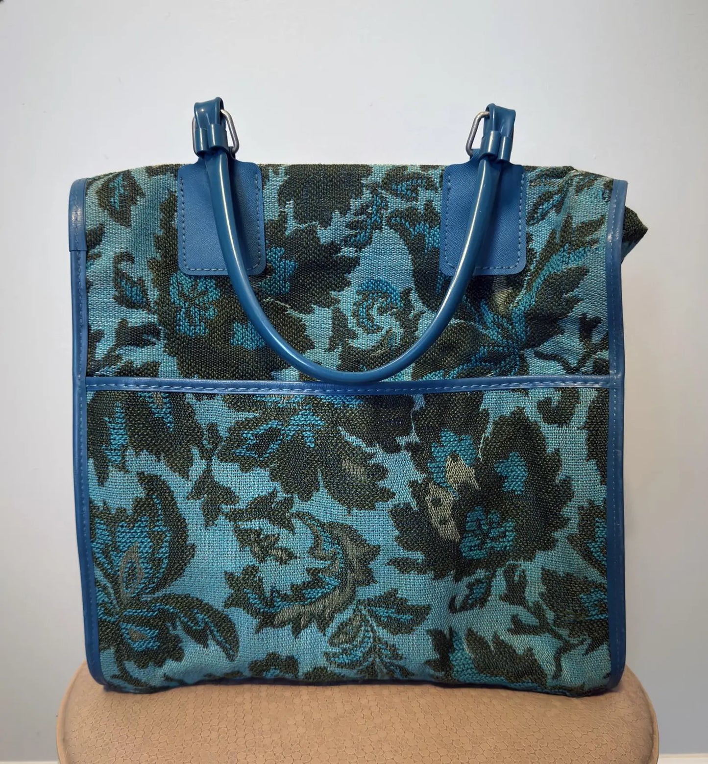 Vintage Blue Floral Tapestry Leather Trim Tote Bag