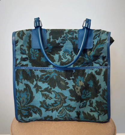 Vintage Blue Floral Tapestry Leather Trim Tote Bag
