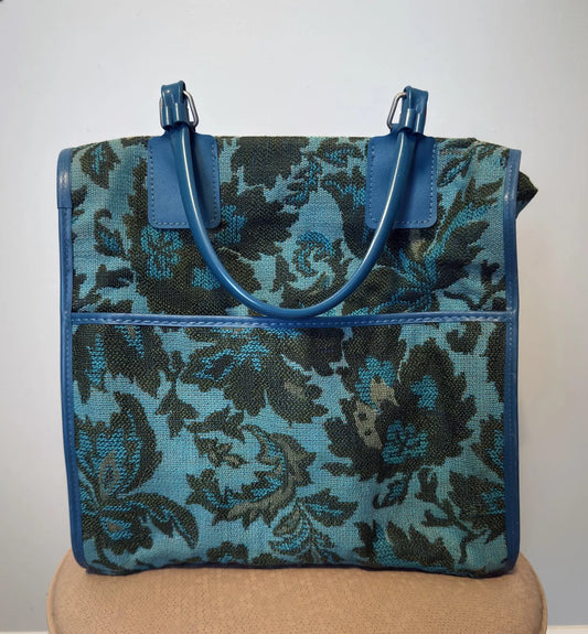Vintage Blue Floral Tapestry Leather Trim Tote Bag