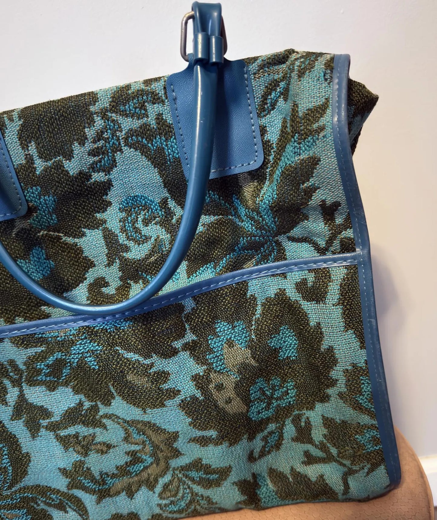 Vintage Blue Floral Tapestry Leather Trim Tote Bag