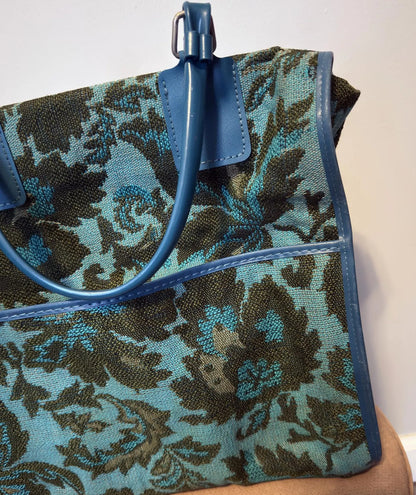 Vintage Blue Floral Tapestry Leather Trim Tote Bag