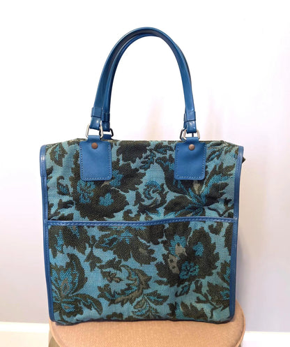 Vintage Blue Floral Tapestry Leather Trim Tote Bag