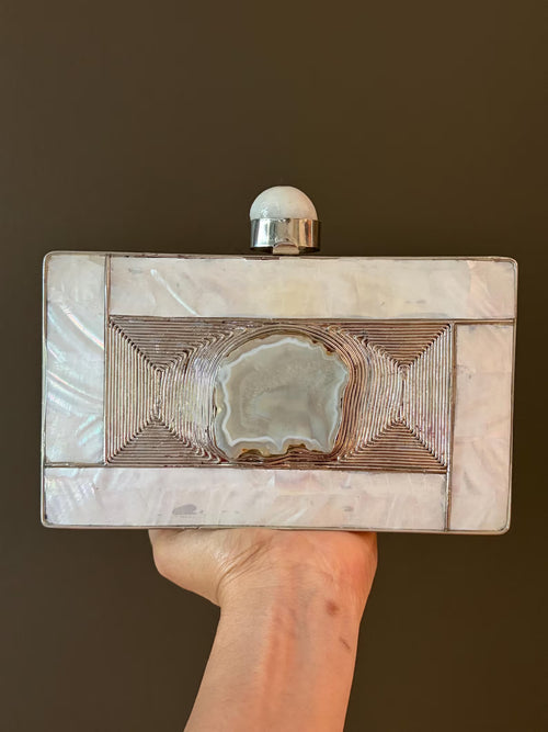Art Deco Mother of Pearl Agate Inlay Minaudière Clutch