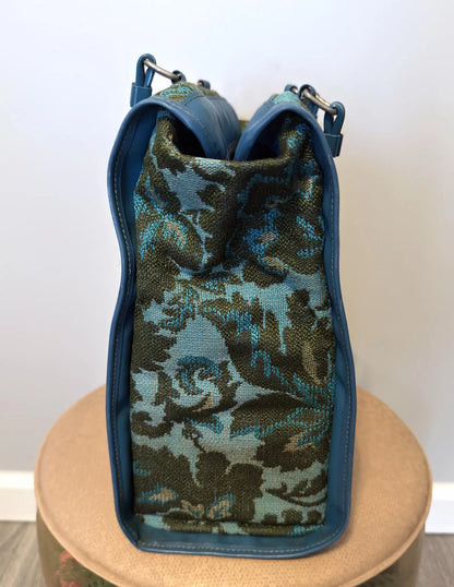 Vintage Blue Floral Tapestry Leather Trim Tote Bag