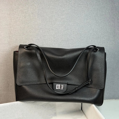 Elegant Black Full Grain Cow Leather Turn Lock Flap Shoulder Tote Bag